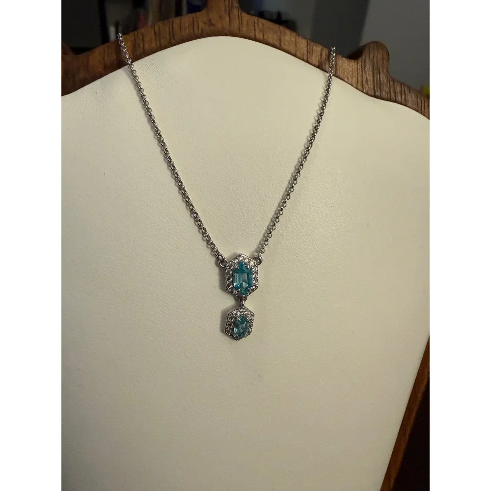 Bomb Party Green Hexagon Double Drop Pendant Necklace Silver Tone‎ CZ Accent